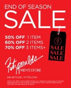 Red poster. 50% off 1 Item, 60% off 2 items, 70% Off 3 items. See sales associate for details.